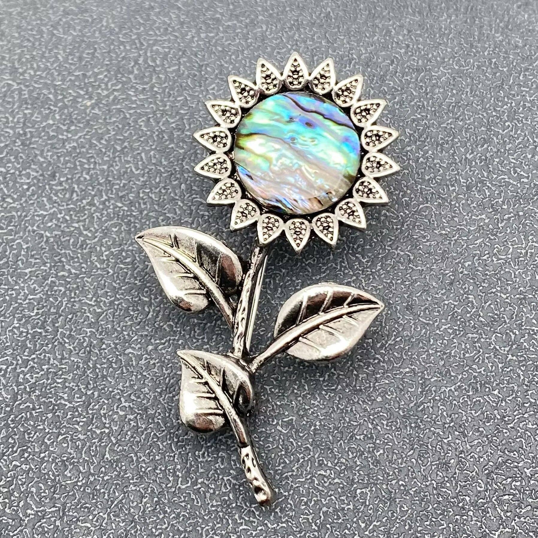 Abalone Shell Silver-Tone Sunflower Brooch