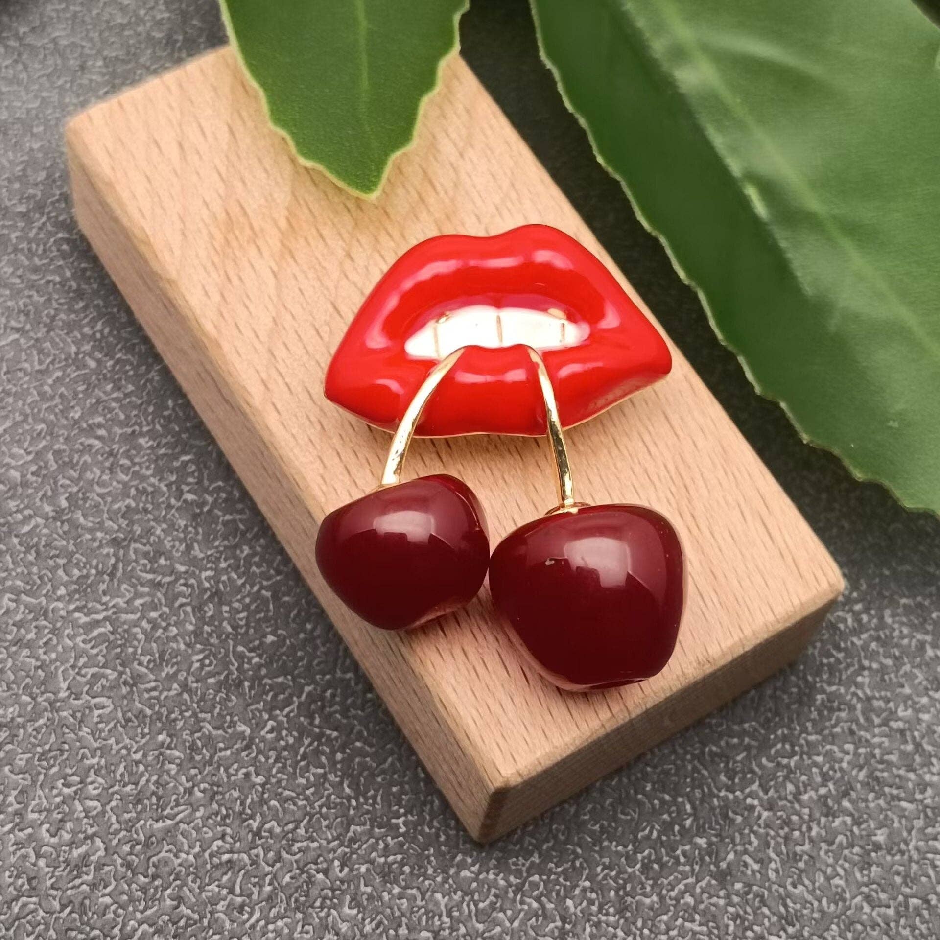 Mouth Biting Cherry Enamel Brooch