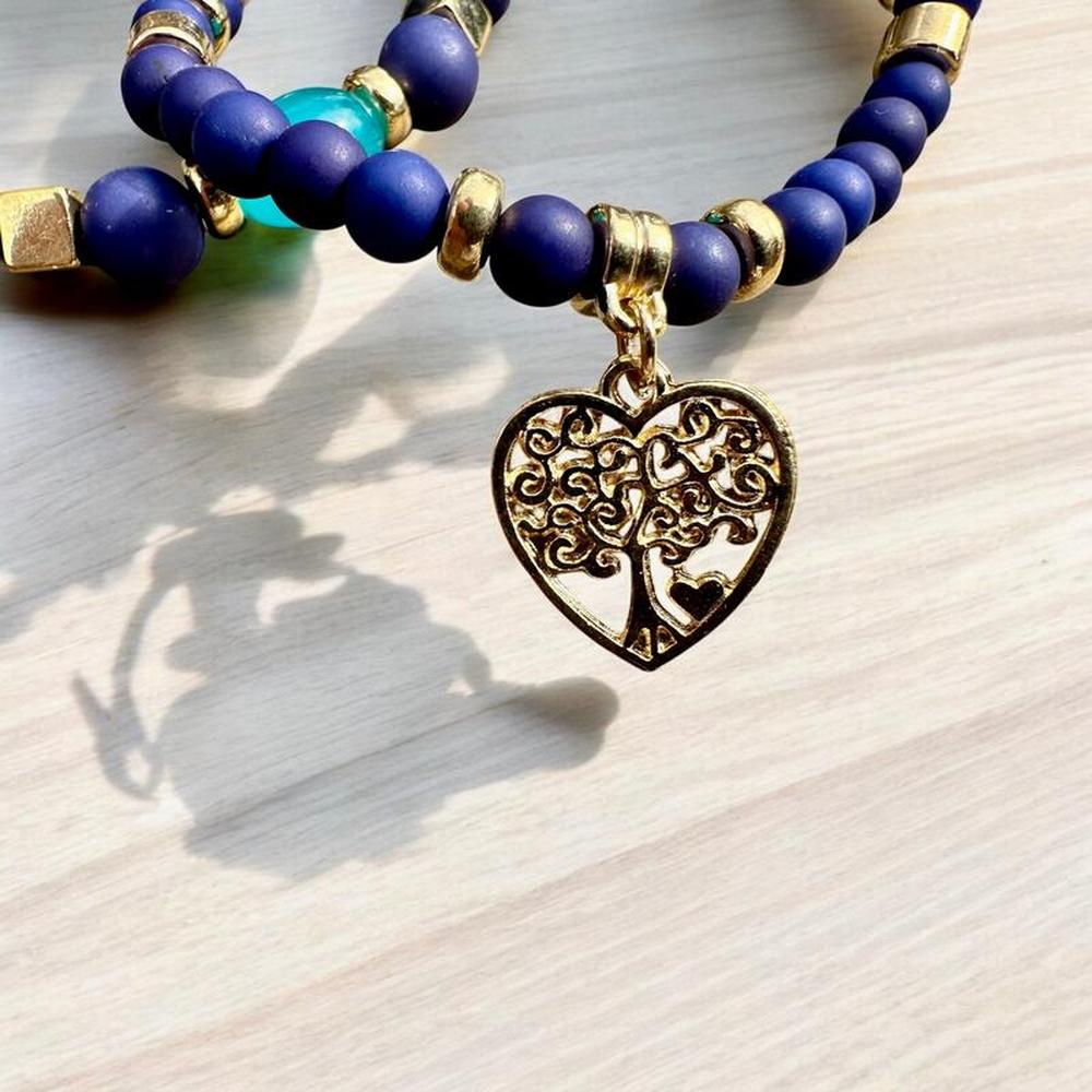 2-Piece Blue Beaded Bracelet Set w/ Tree of Life Charm