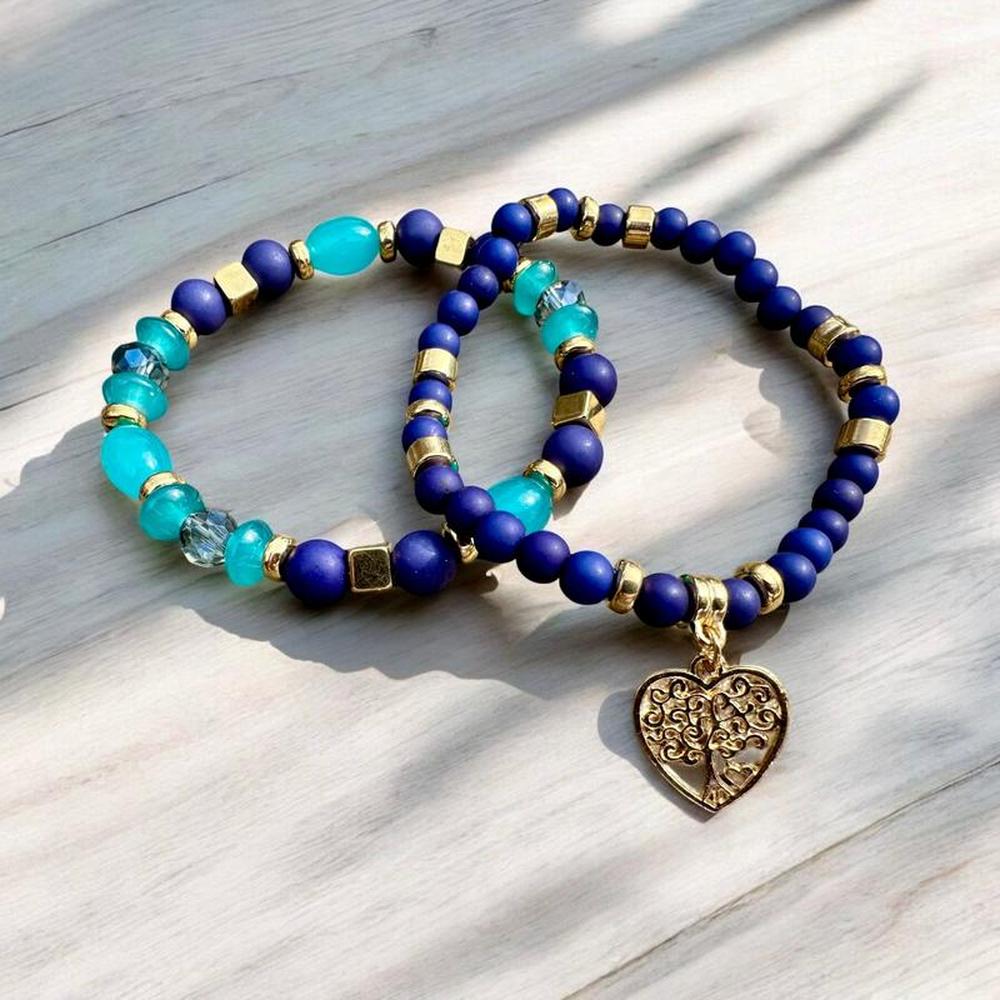 2-Piece Blue Beaded Bracelet Set w/ Tree of Life Charm