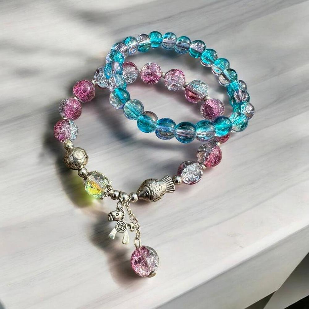 2-Piece Pink & Blue Swirl Beaded Bracelet Set