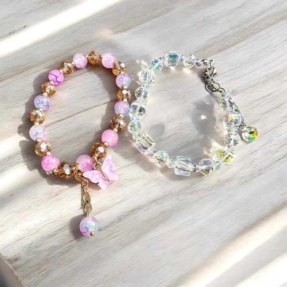2-Piece Pink Crystal Acrylic Beaded Bracelet Set