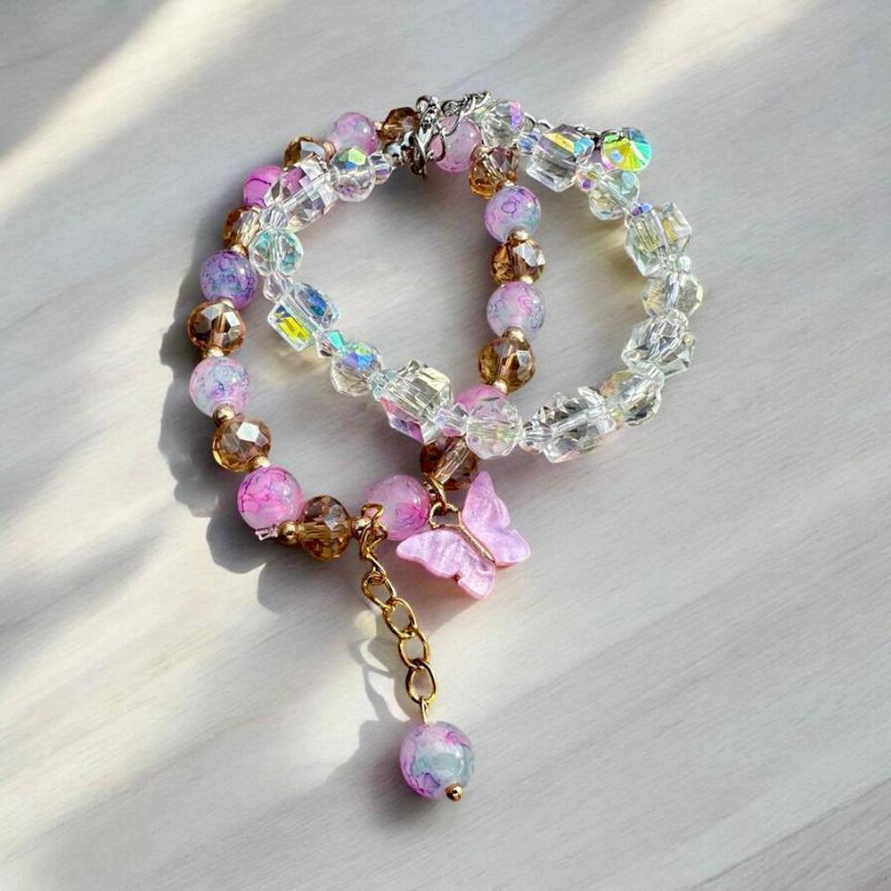 2-Piece Pink Crystal Acrylic Beaded Bracelet Set