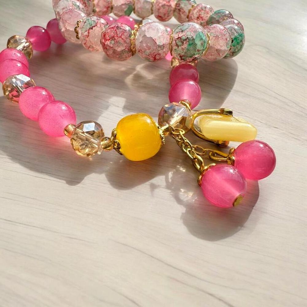 2-Piece Pink Glass Beaded Bracelet Set