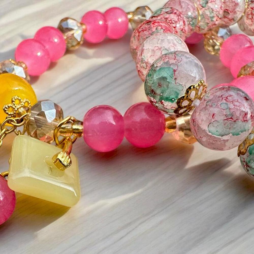 2-Piece Pink Glass Beaded Bracelet Set