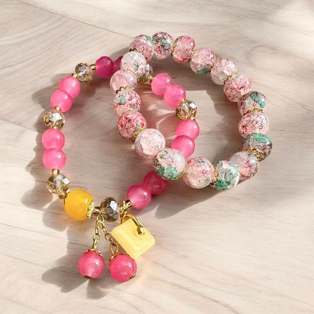 2-Piece Pink Glass Beaded Bracelet Set