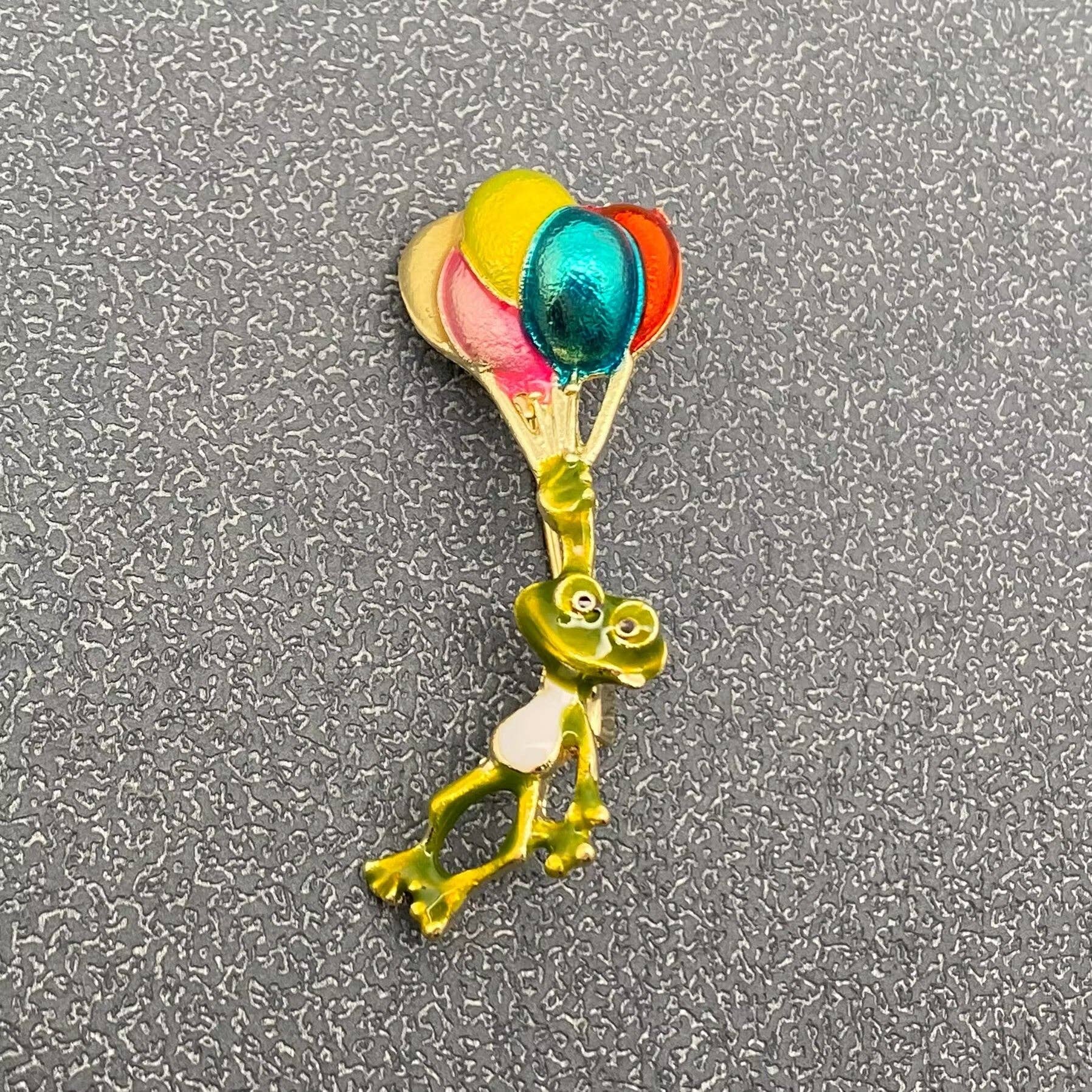 Frog Flies Away with Balloon Enamel Brooch
