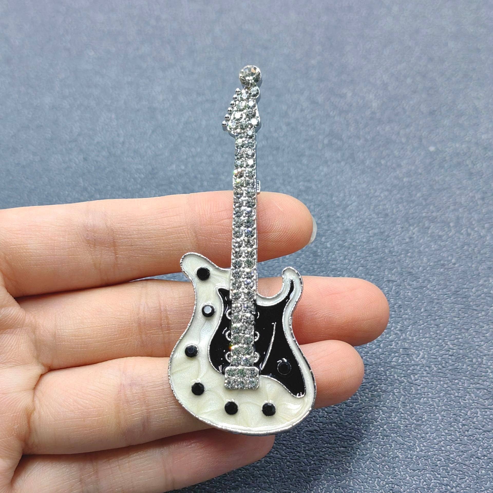 Rhinestone Enamel Rock and Roll Guitar Brooch
