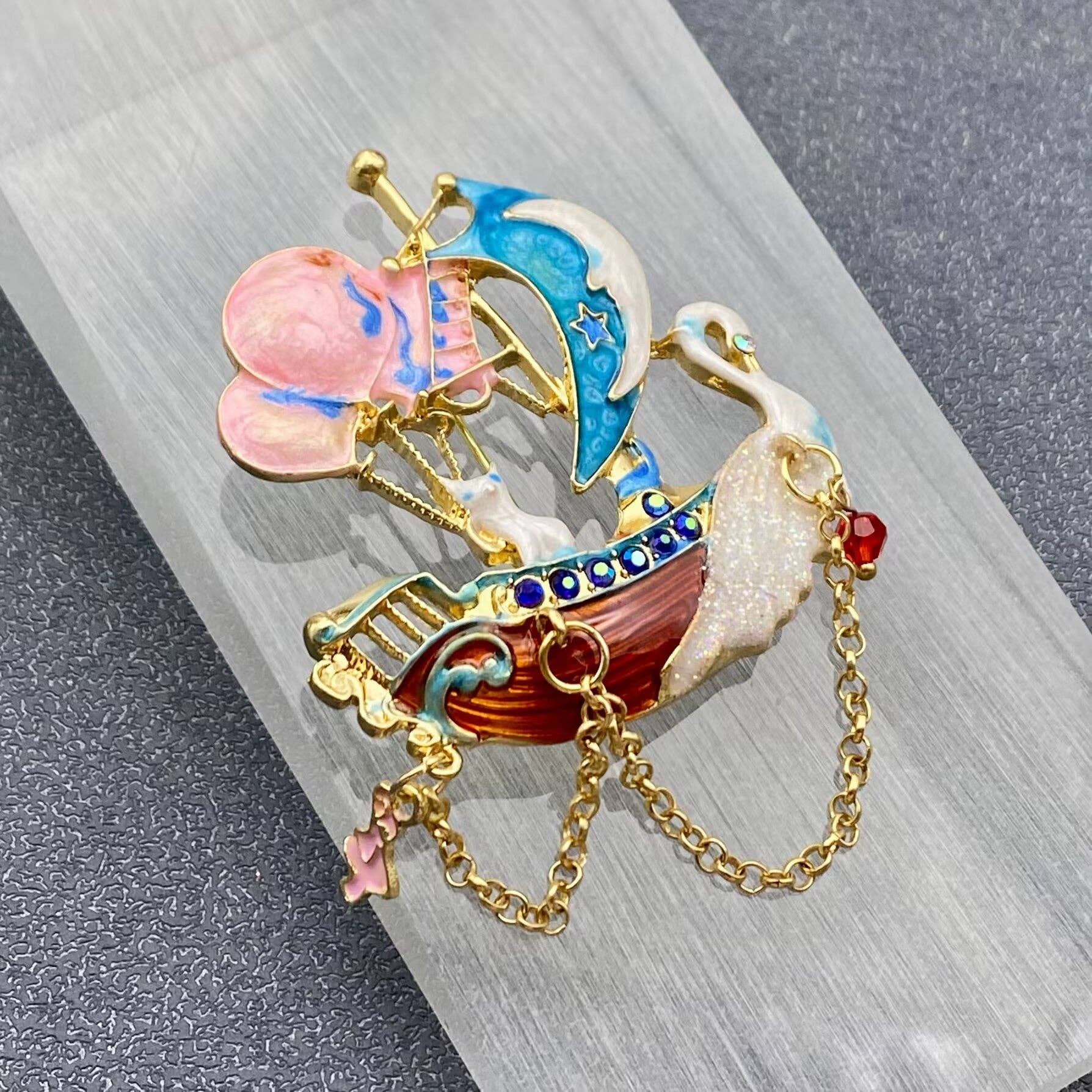 Enamel Swan Boat Brooch