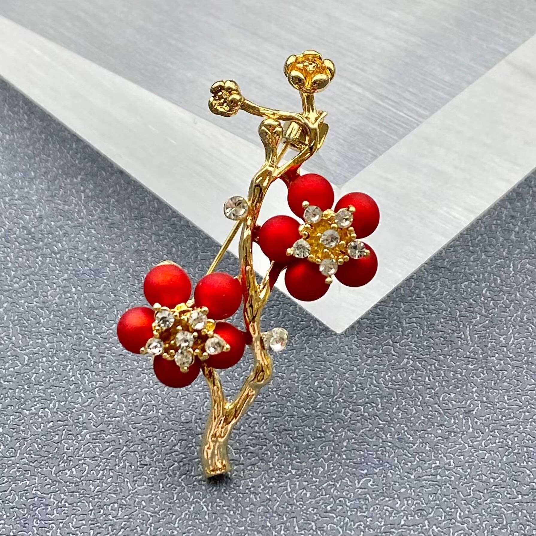 Red Plum Blossom Flower Brooch