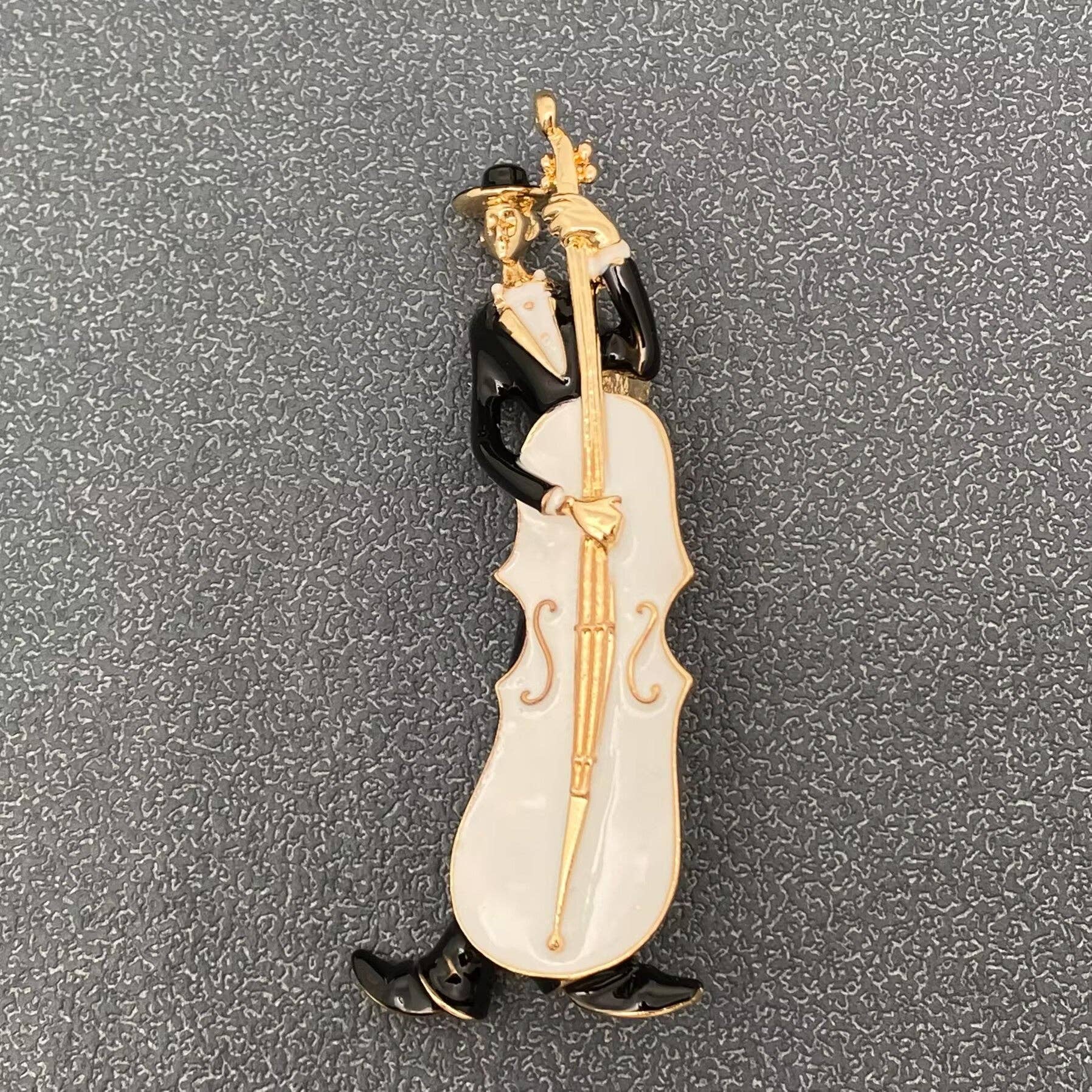 Enamel Musician Playing Cello Brooch: White