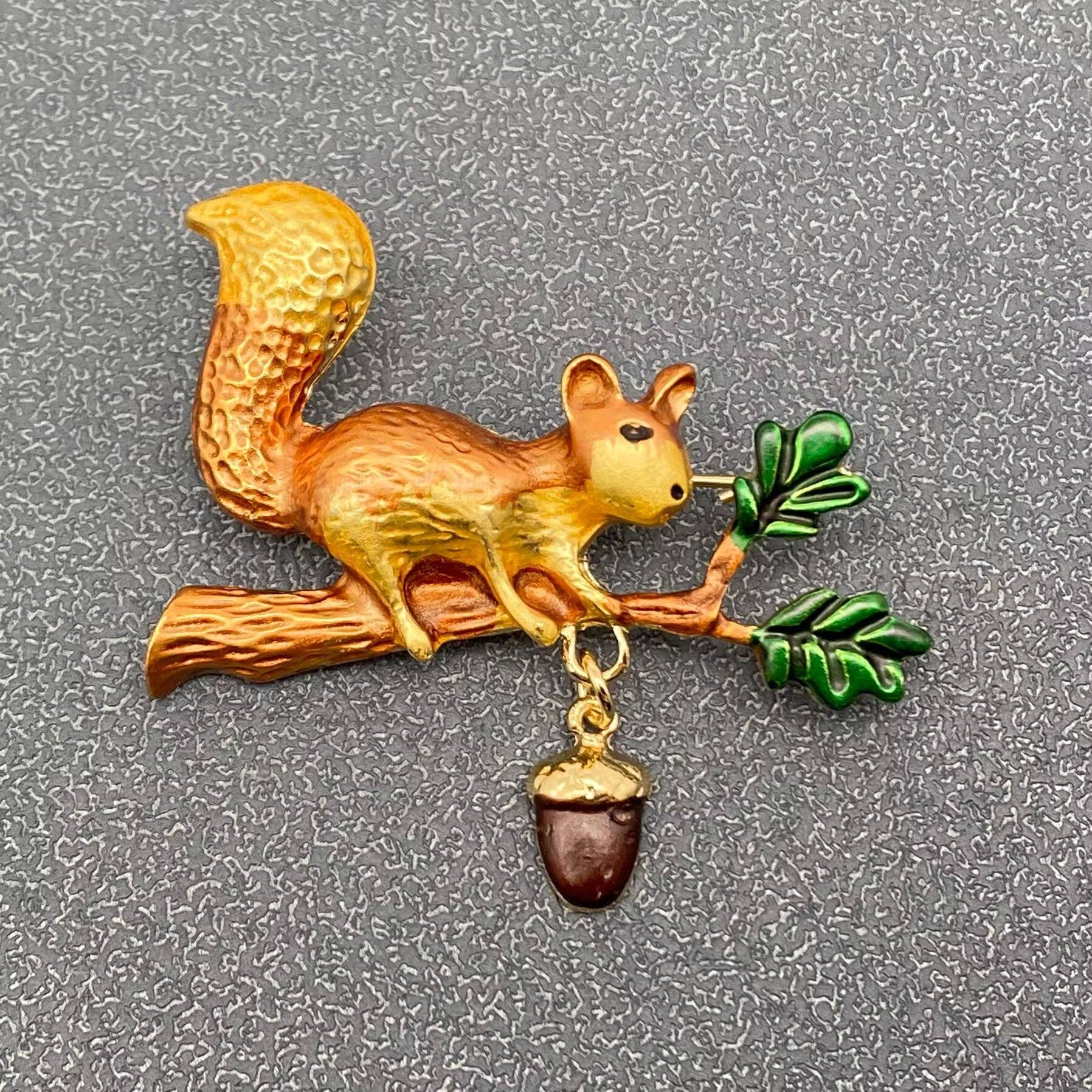 Enamel Squirrel Picking Nut Brooch: Brown