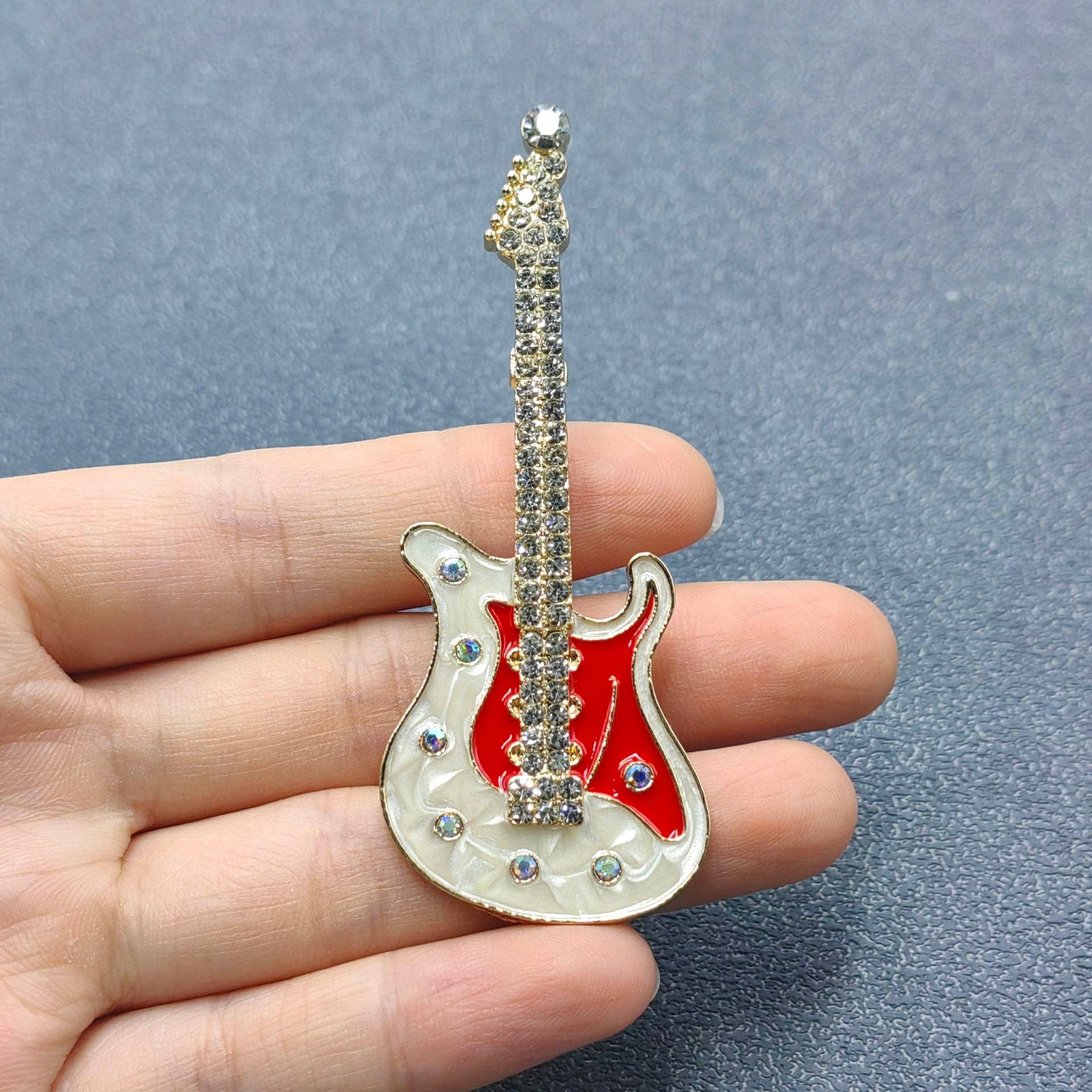 Rhinestone Enamel Rock and Roll Guitar Brooch