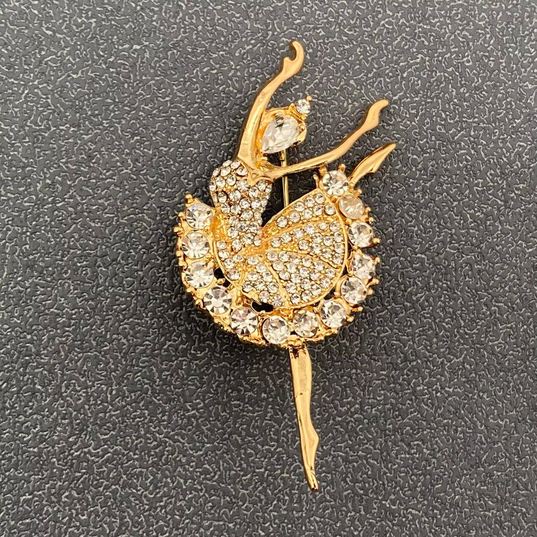 Rhinestone Dancing Ballerina Brooch: Gold