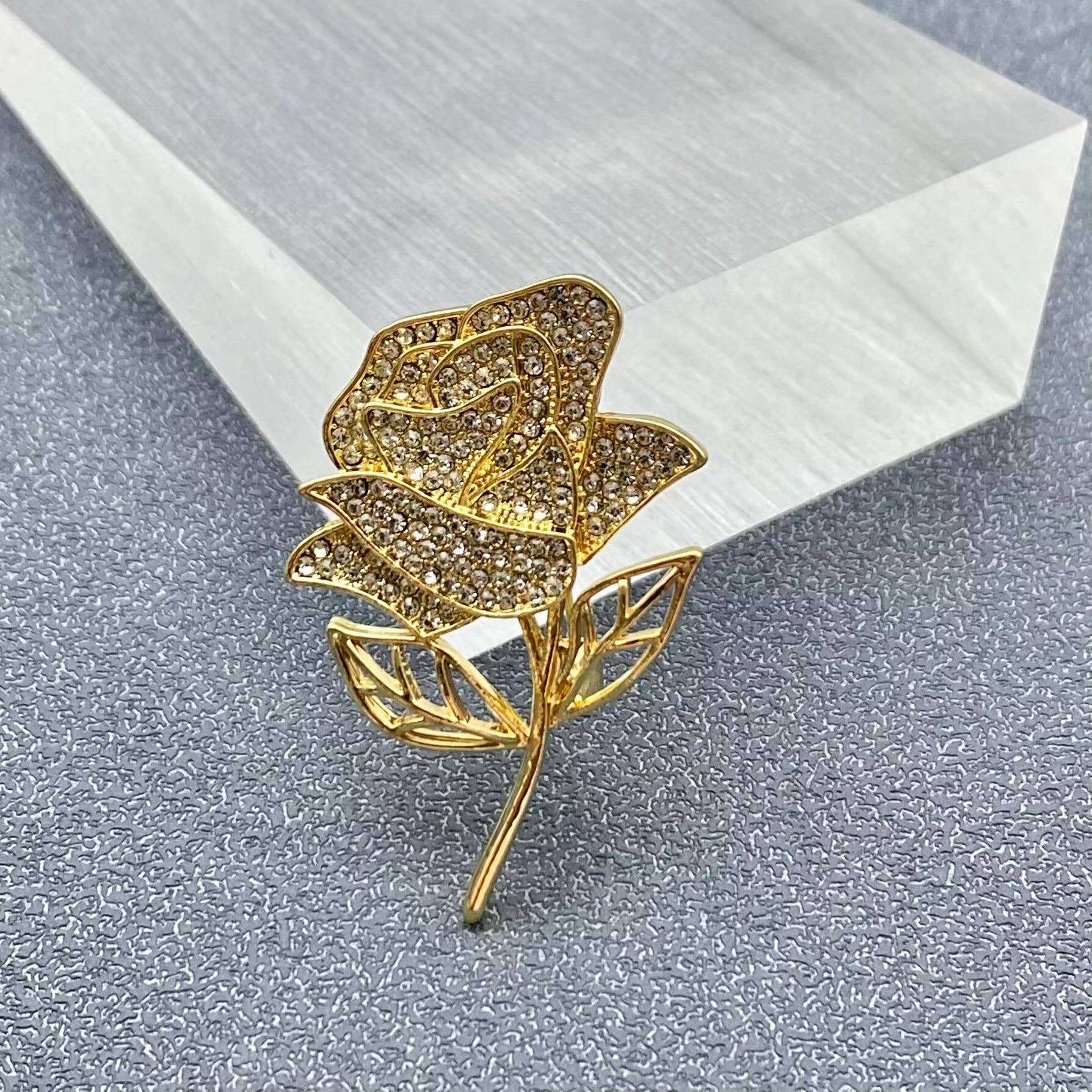 Golden Rhinestone Rose Brooch