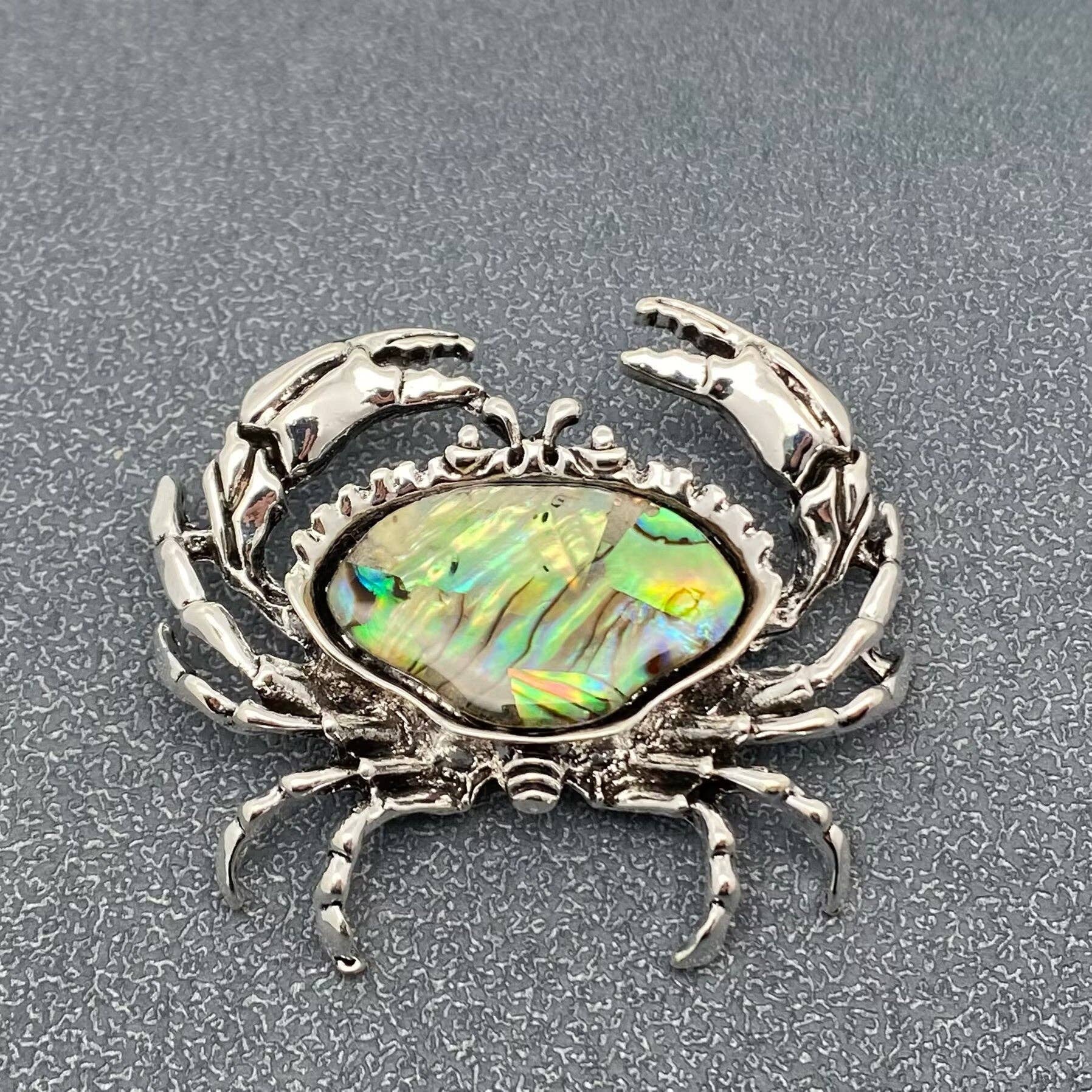 Abalone Shell Silver Tone Crab Brooch