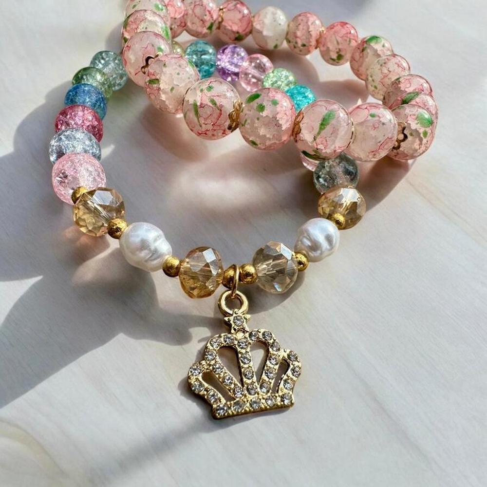Crown Charm Rainbow Beaded Bracelet Set