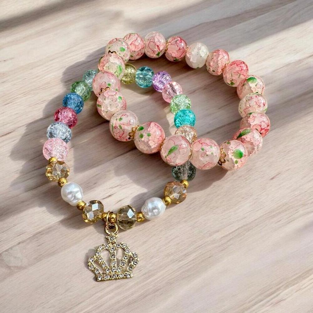 Crown Charm Rainbow Beaded Bracelet Set