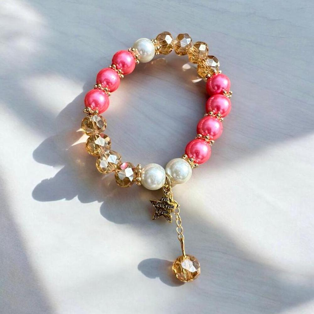 "I Love You" Star Charm Pink Beaded Bracelet