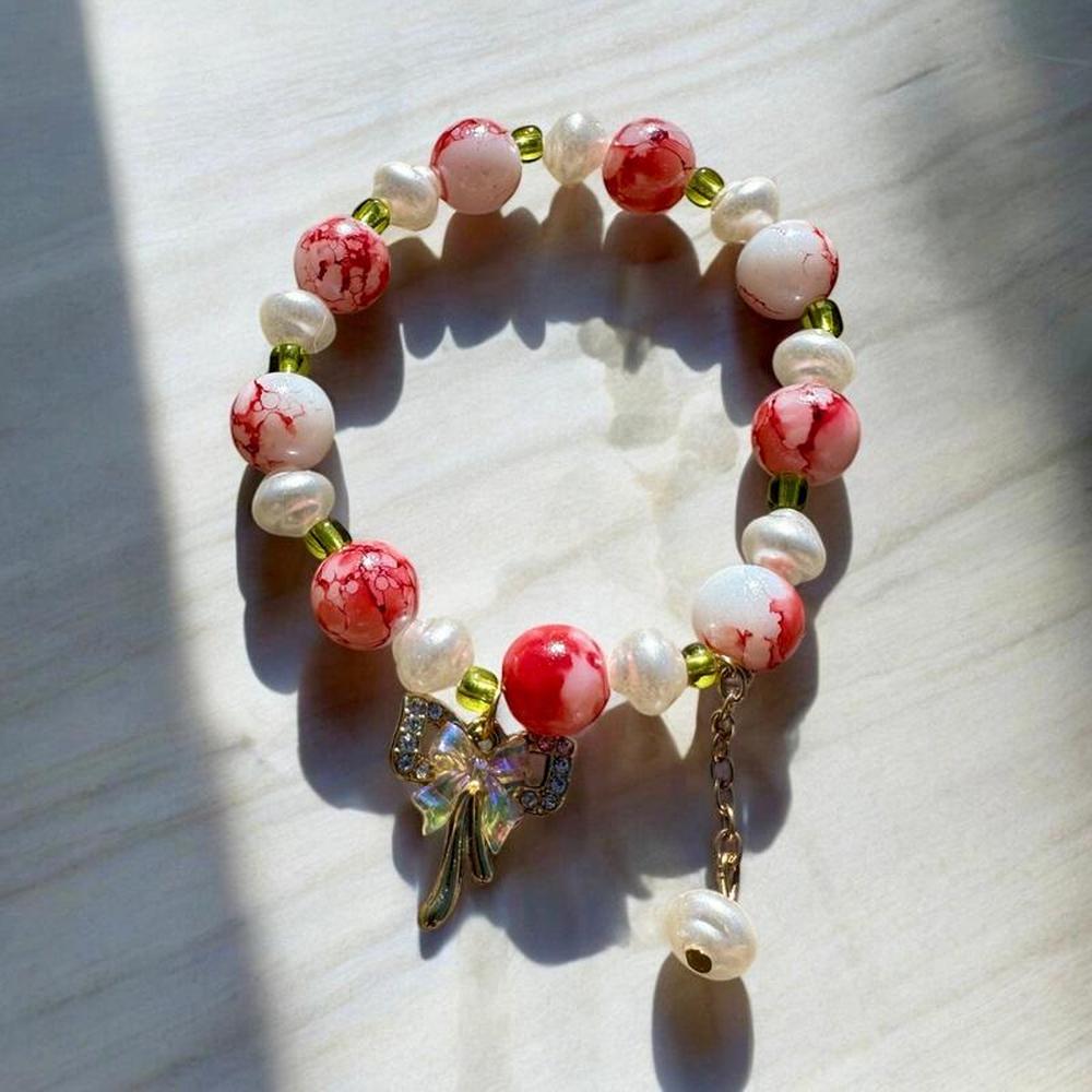 Pink & White Floral Beaded Charm Bracelet