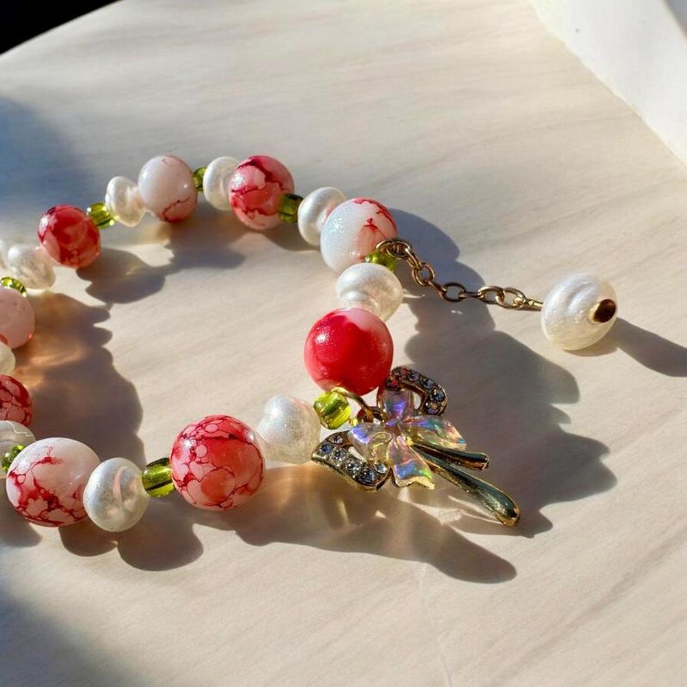 Pink & White Floral Beaded Charm Bracelet