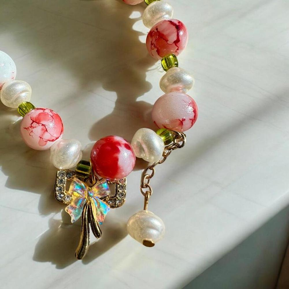 Pink & White Floral Beaded Charm Bracelet