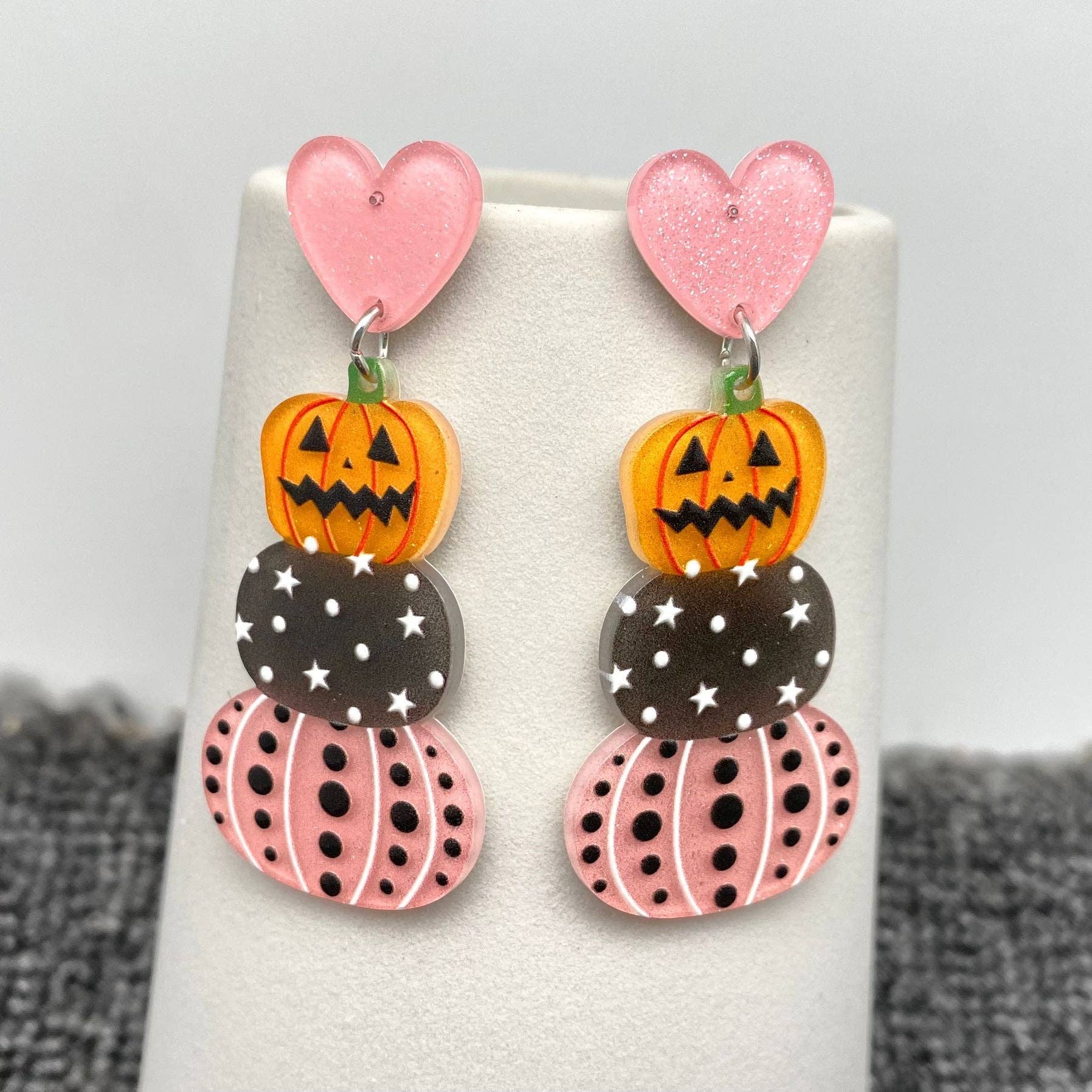 Halloween Acrylic Pumpkin Pink Heart Post Earrings