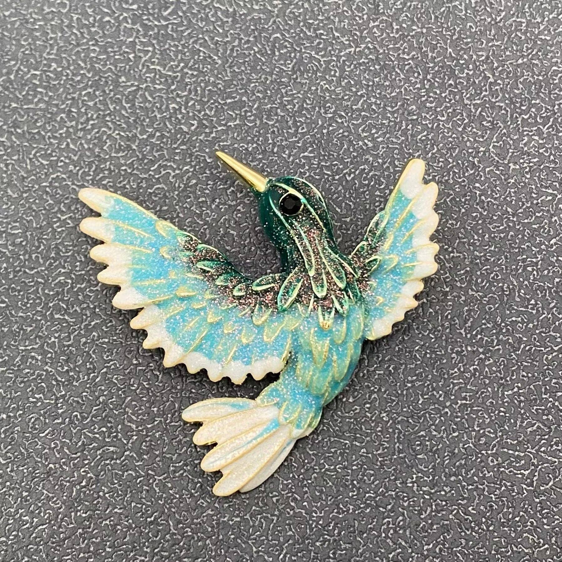 Enamel Hummingbird Brooch: Blue