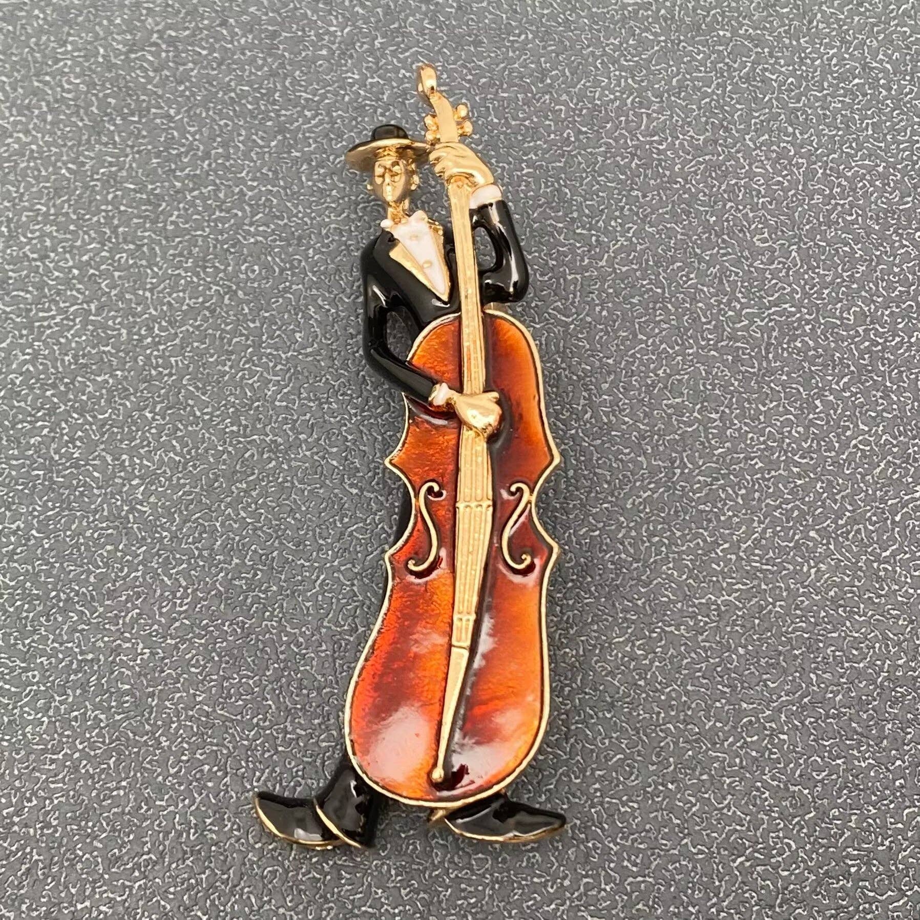 Enamel Musician Playing Cello Brooch: Brown