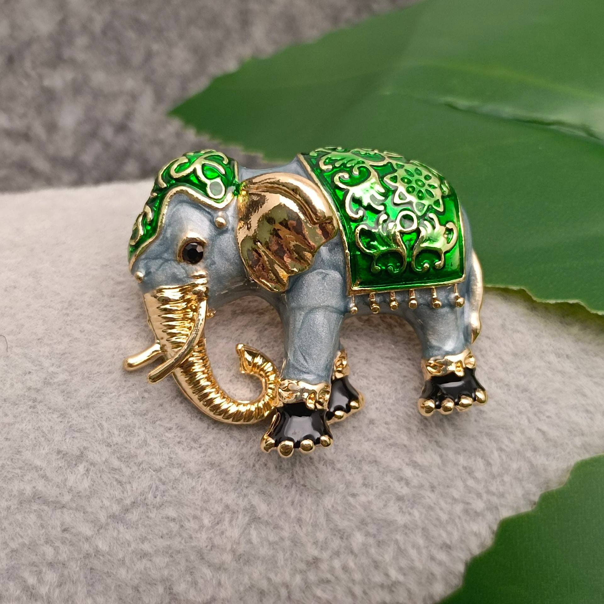 Enamel Elephant Brooch: Green