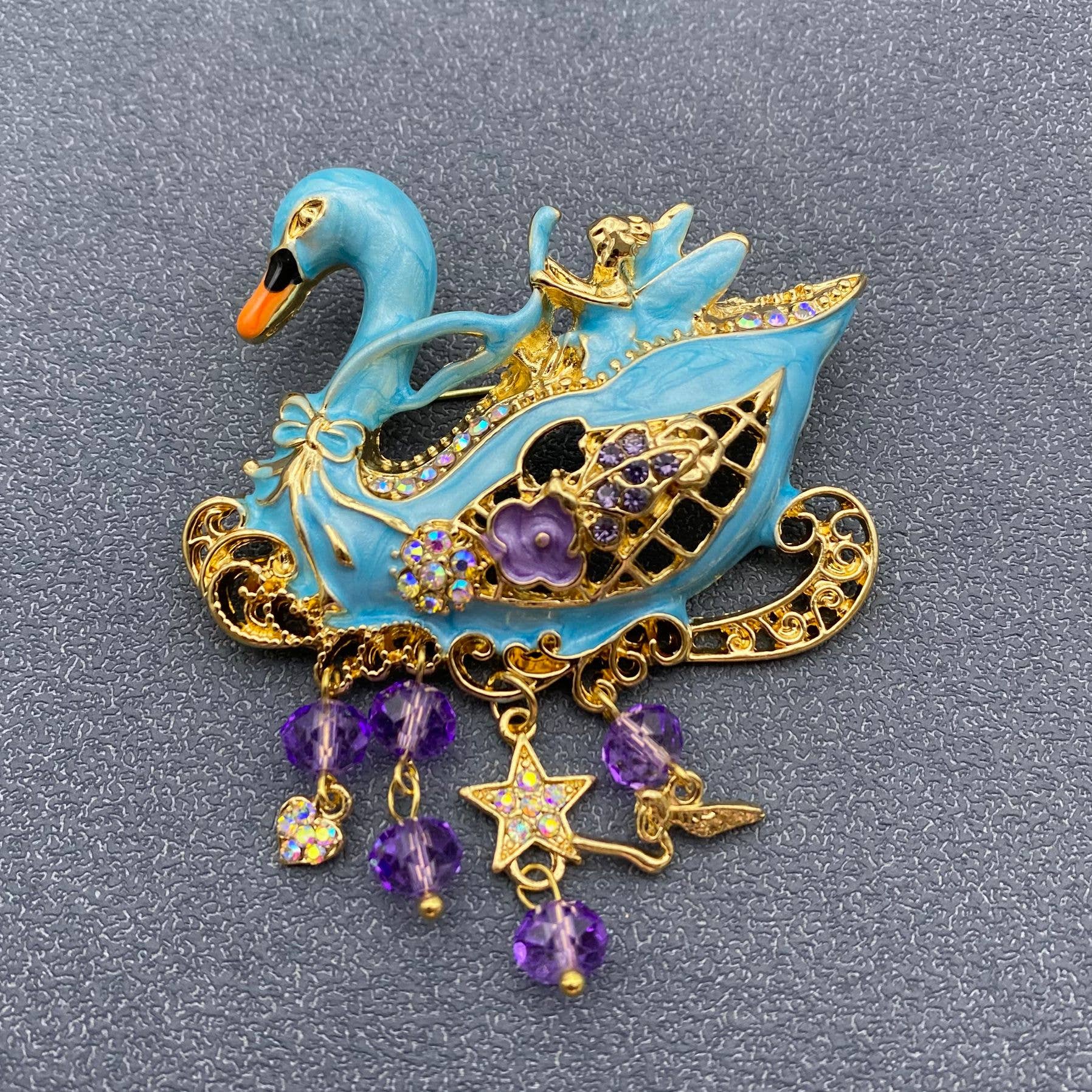 Blue Enamel Golden Swan Brooch