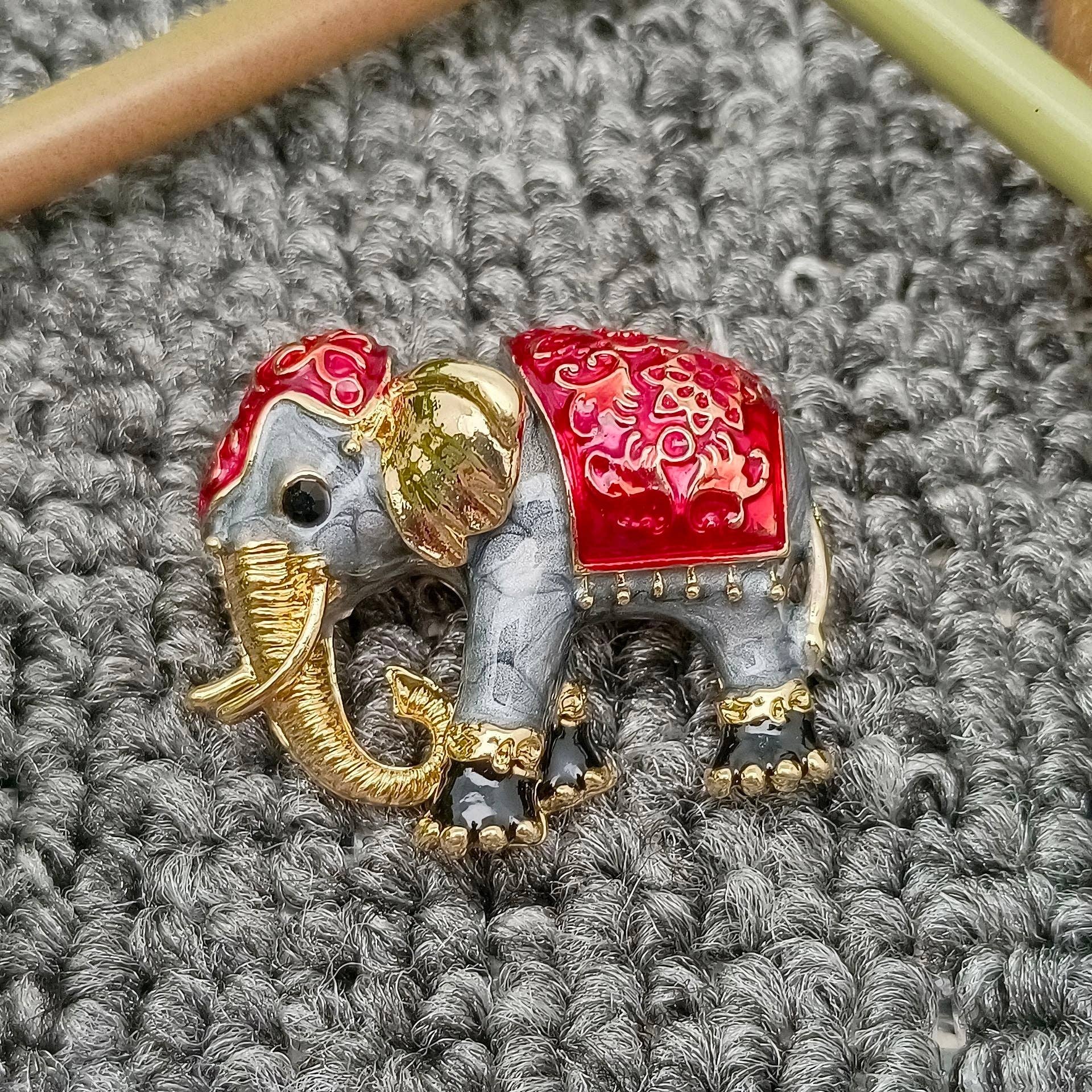 Enamel Elephant Brooch: Red