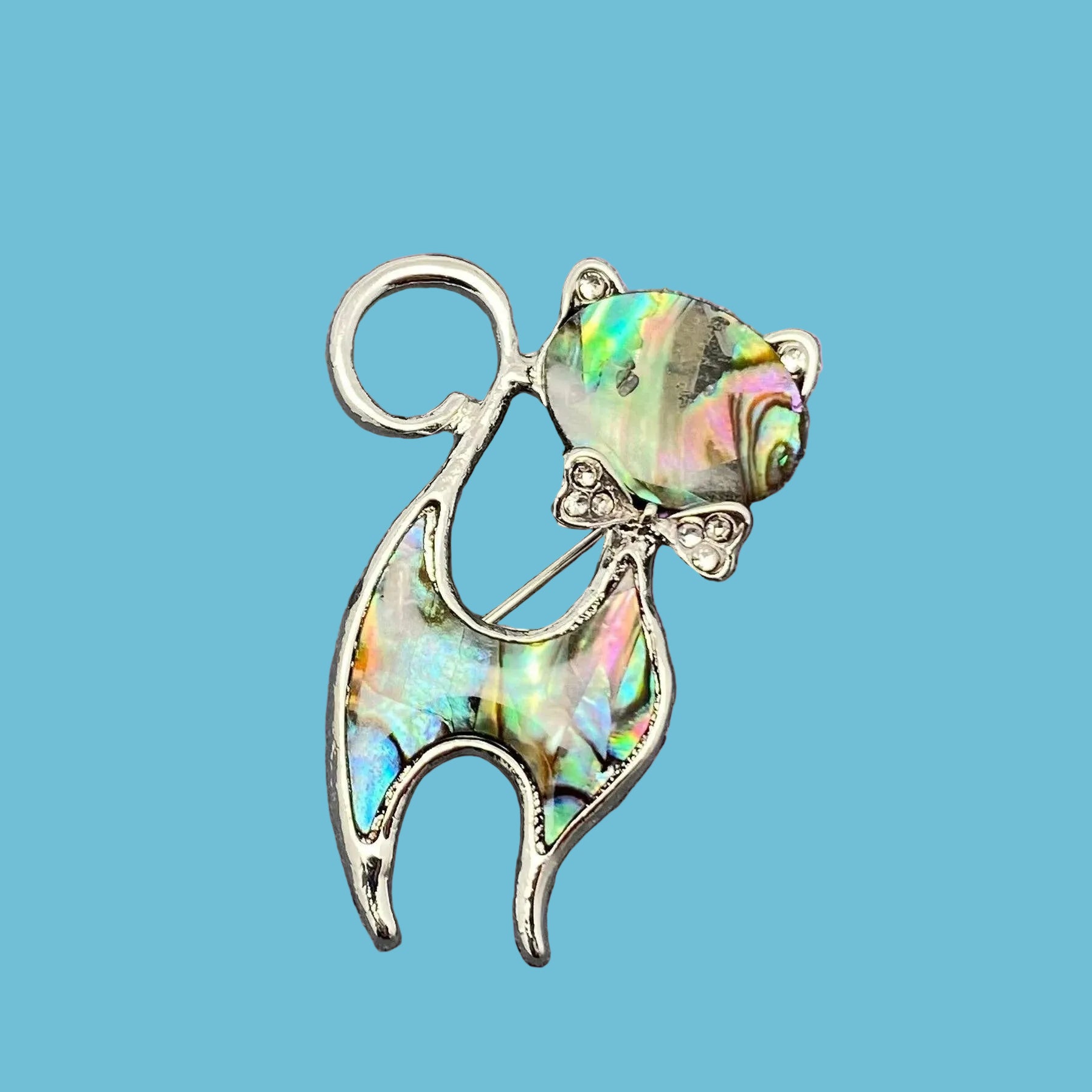 Cat with Bow Tie Abalone Shell Silver-Tone Brooch