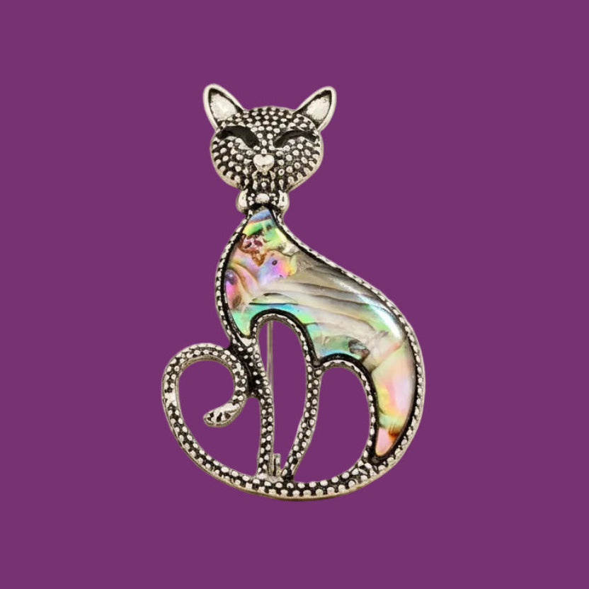 Abalone Shell Silver-Tone Smiling Cat Brooch