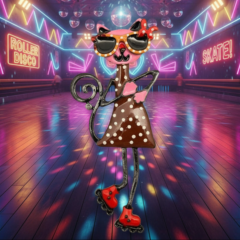 Metal Articulated Skating Cat Brooch