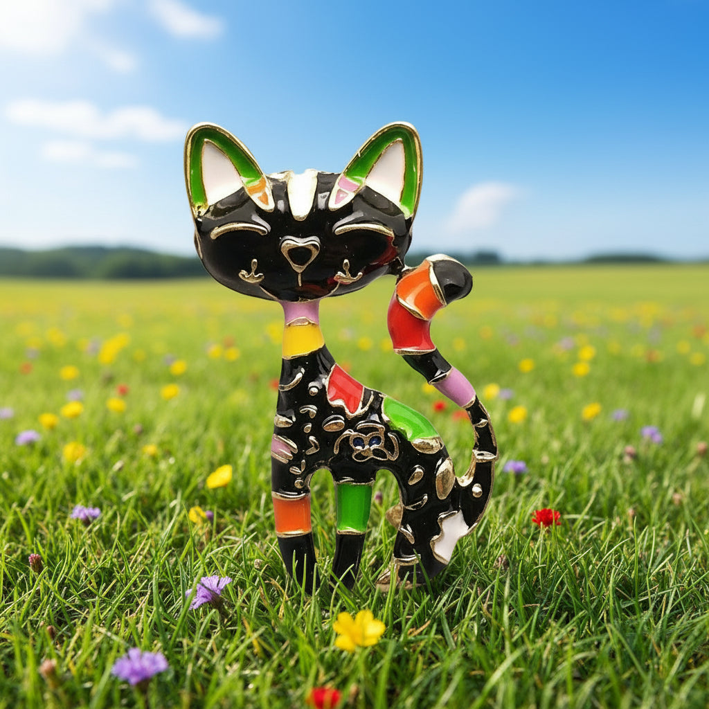 Multi-Colored Enamel Cat Brooch