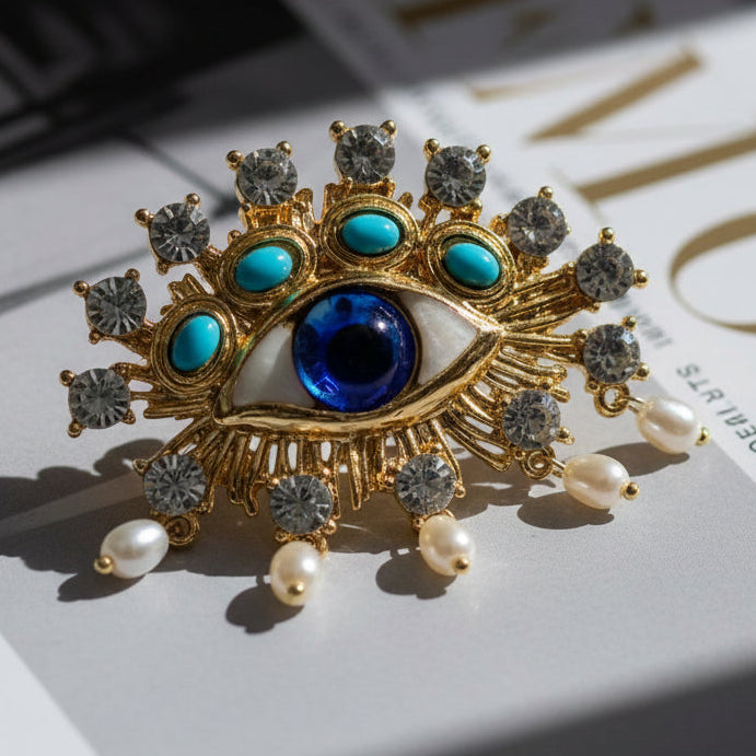 Schiaparelli-Inspired Blue Rhinestone Evil Eye Brooch