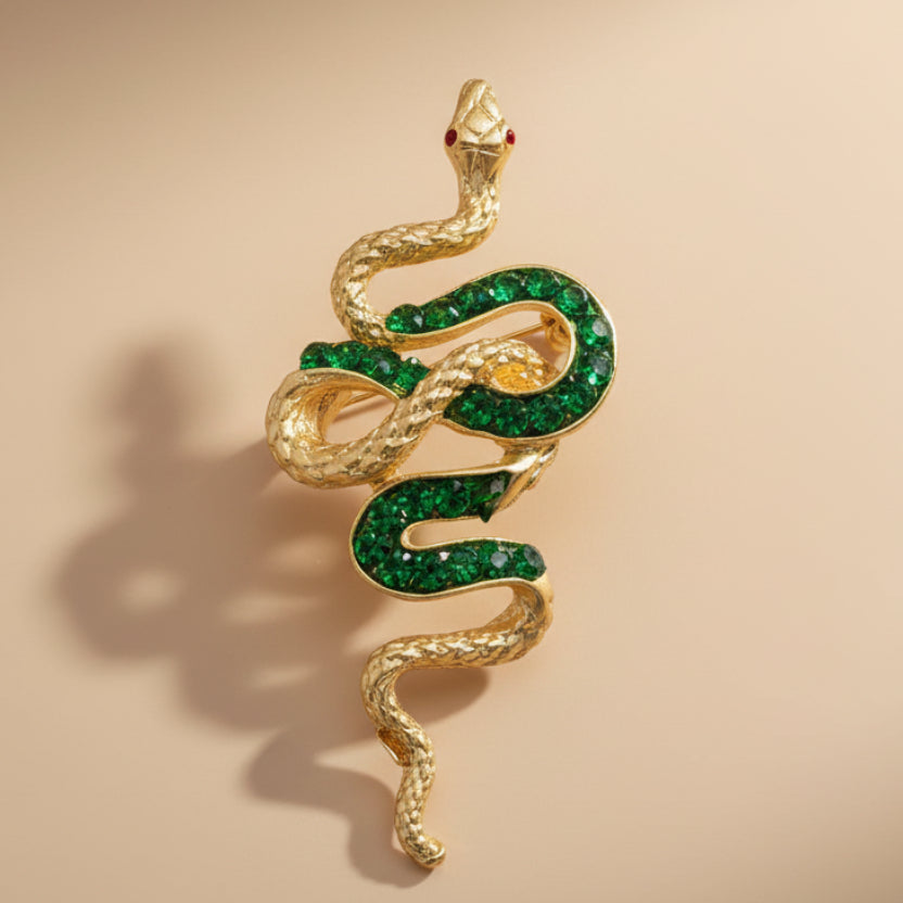 Emerald Green Crystal Snake Brooch