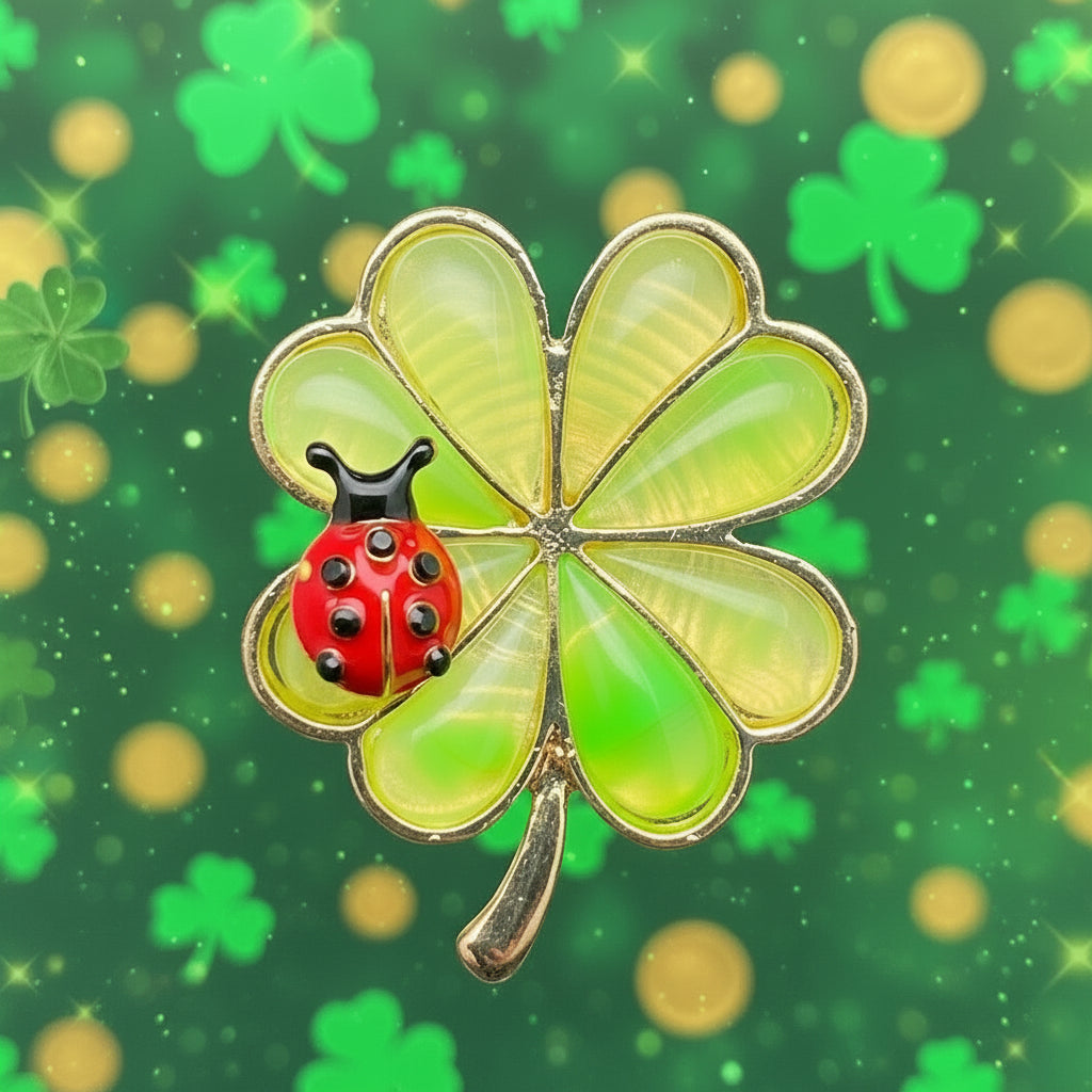 Ladybug On Four Leaf Clover Brooch
