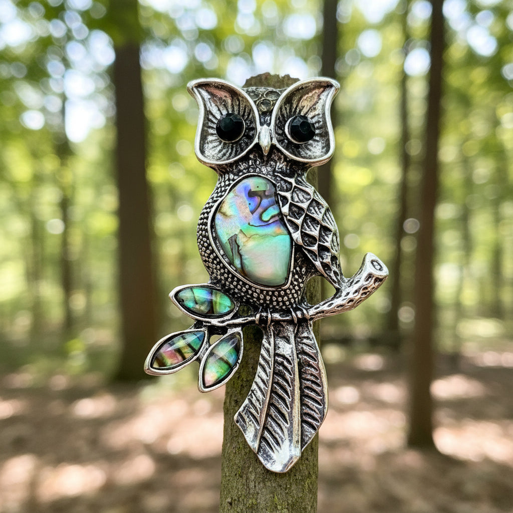 Abalone Shell Silver Tone Owl Brooch