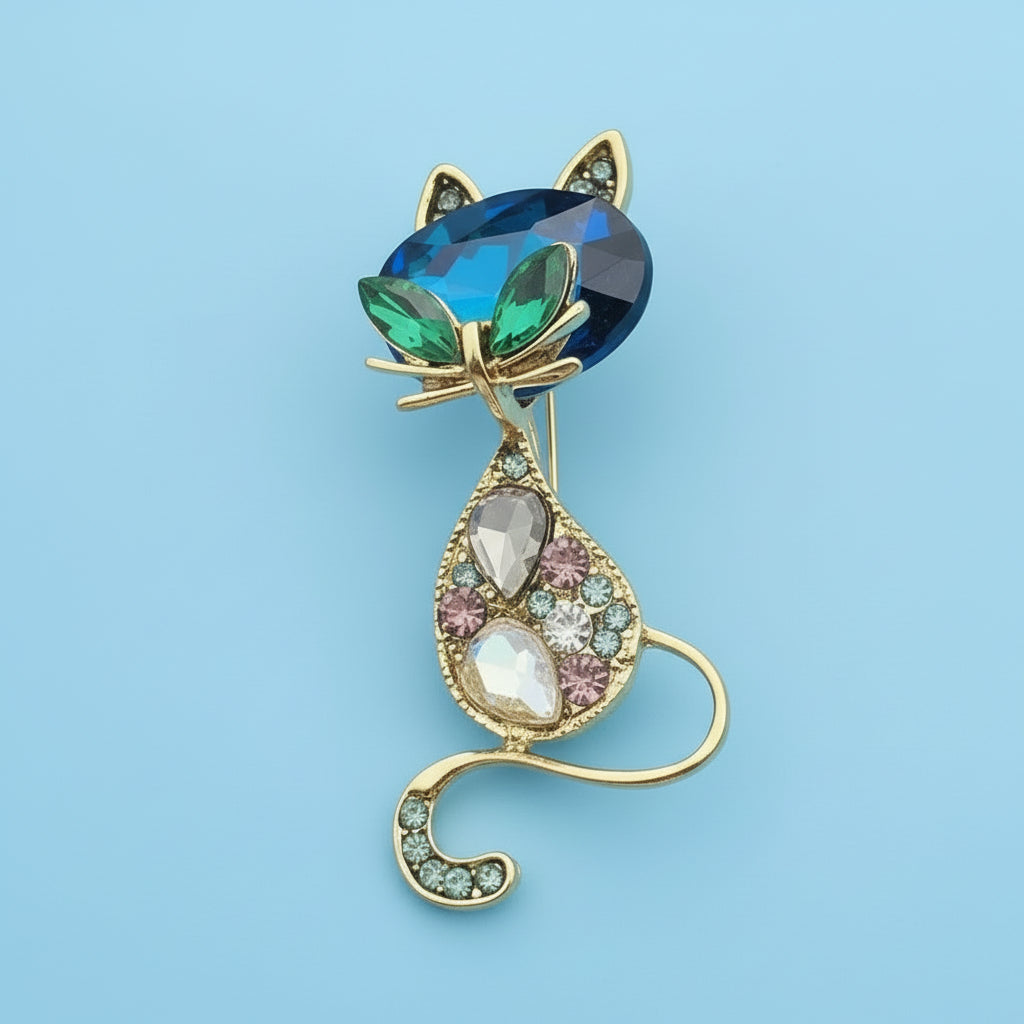 Faceted Rhinestone and Glass Cat Brooch