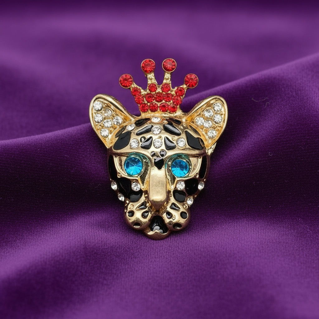 Rhinestone Crown Leopard Head Brooch