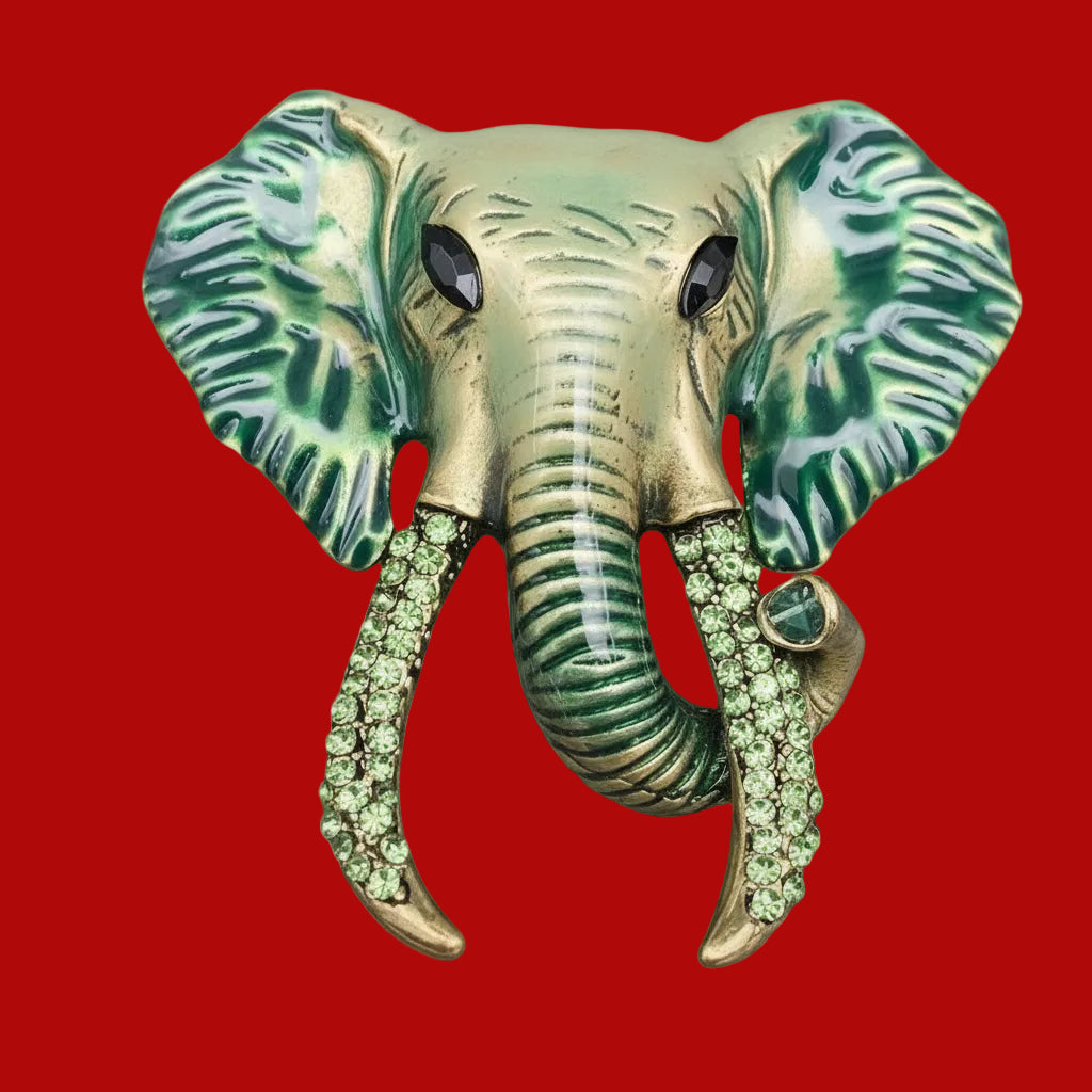 Rhinestone Enamel Elephant Brooch: Green