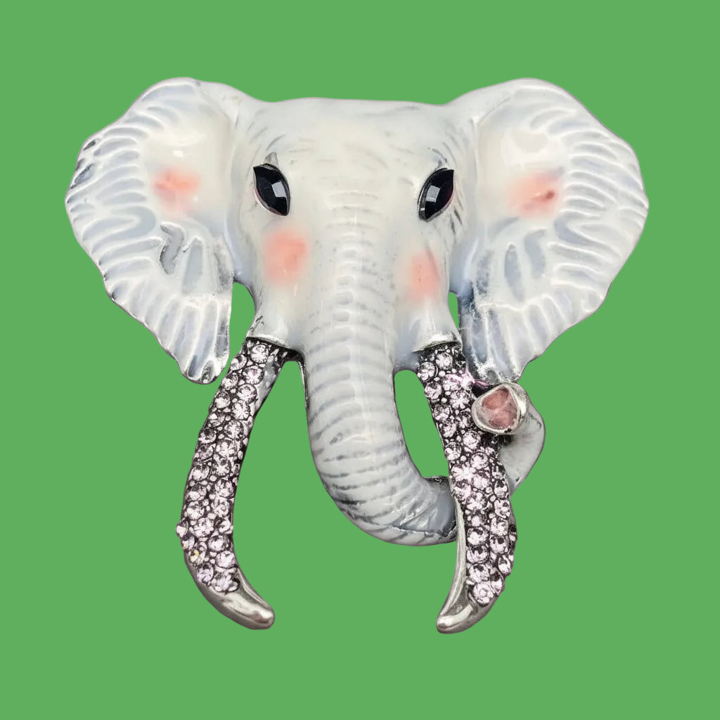 Rhinestone Enamel Elephant Brooch: White
