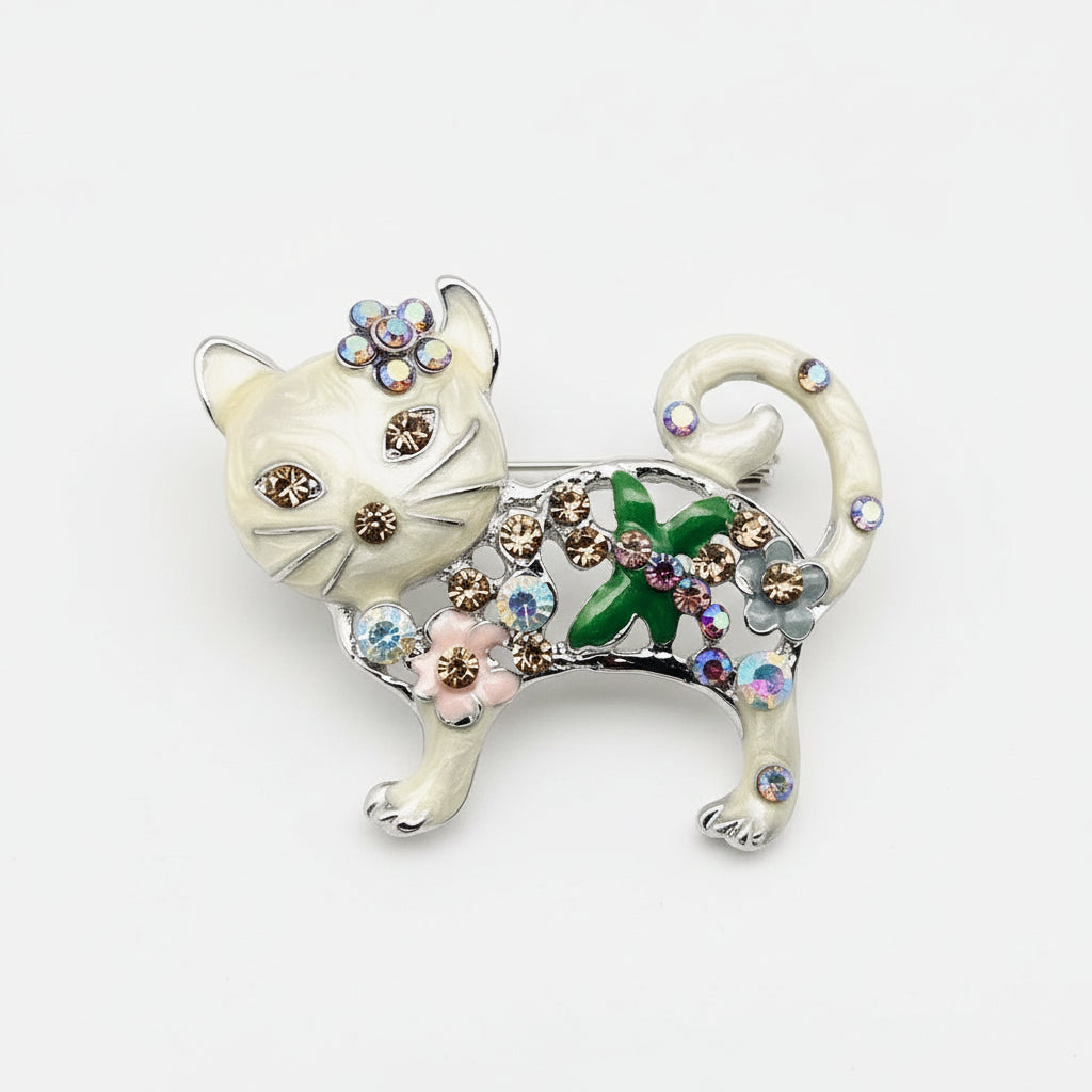 Enamel Cat Rhinestone Brooch - White
