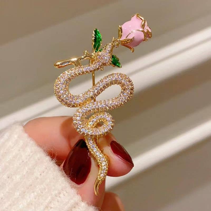 Pink Rose Rhinestone Snake Brooch