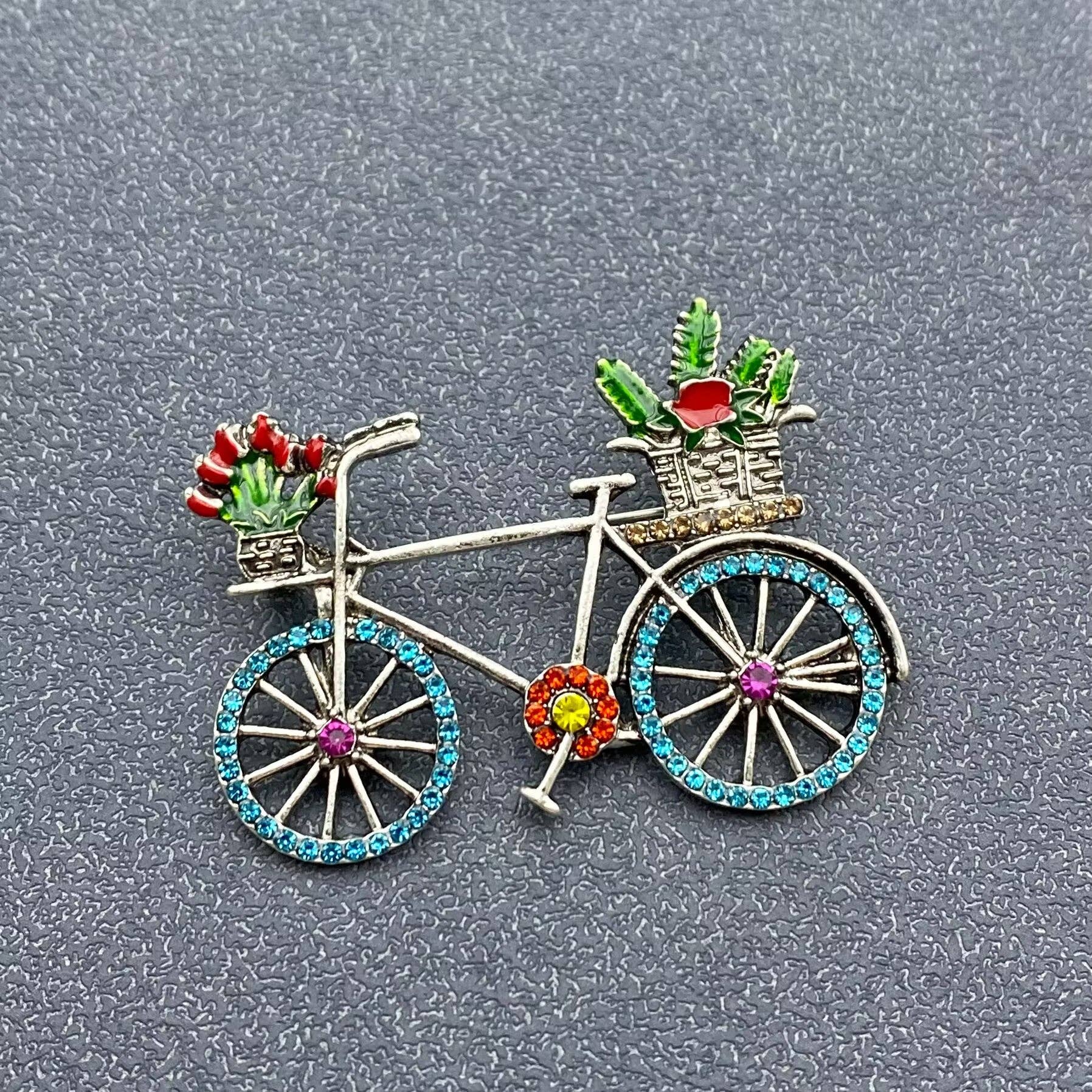 Enamel Flower Rhinestone Bicycle Brooch: Blue