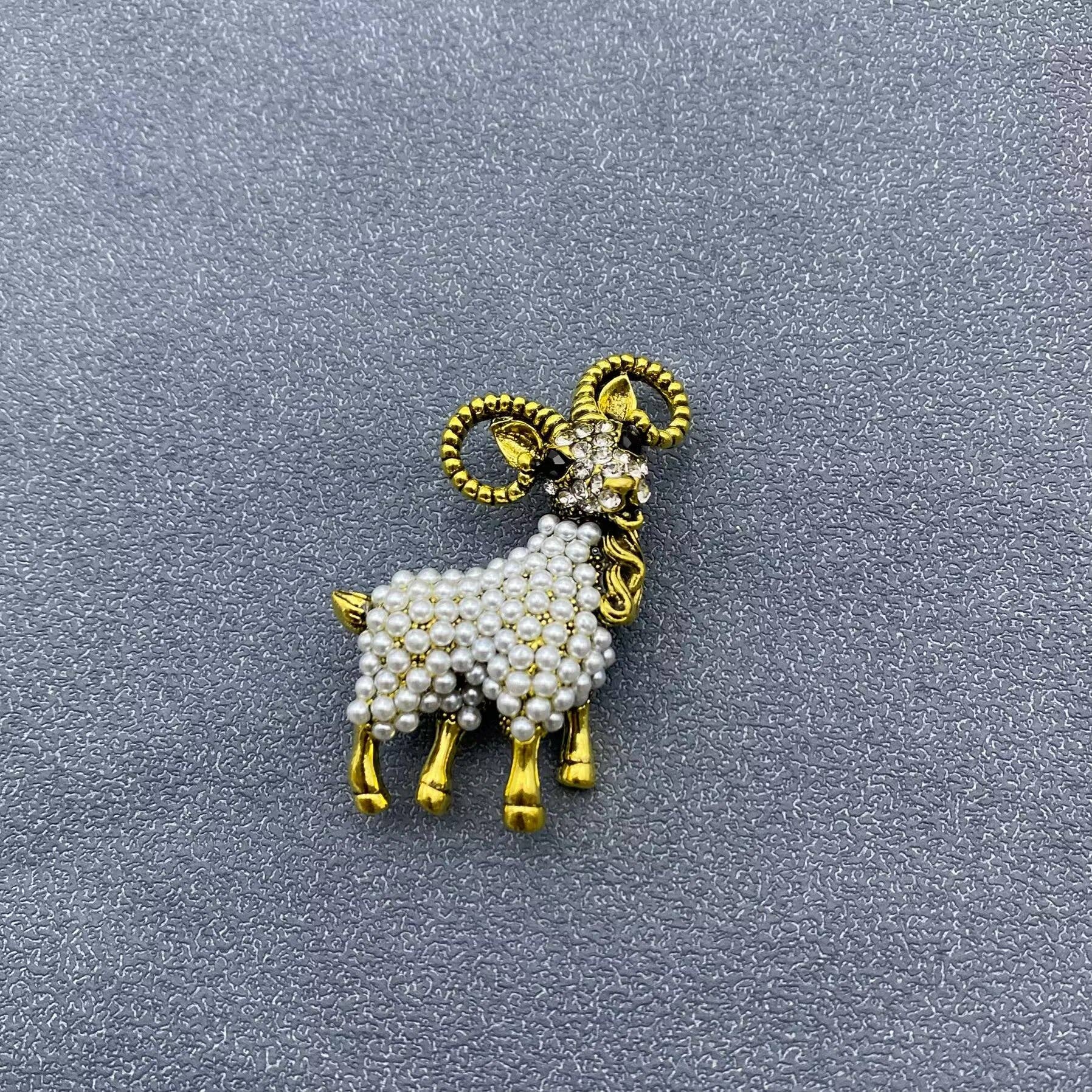 White Faux Pearl & Rhinestone Goat Brooch