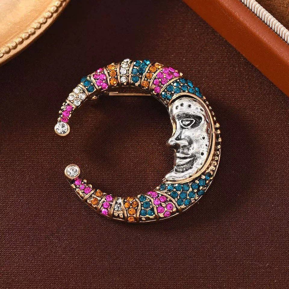 Clown Moon Rhinestone Brooch