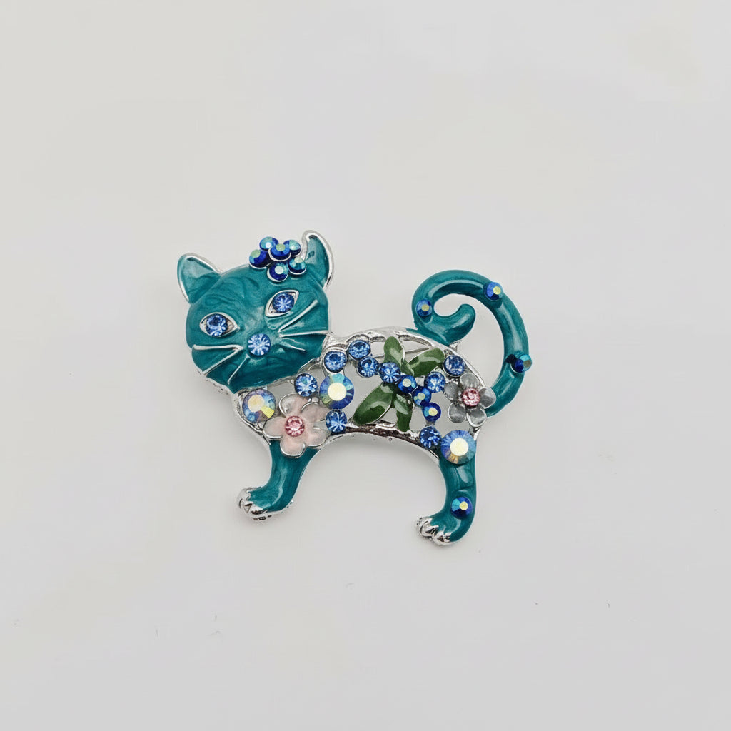 Enamel Cat Rhinestone Brooch - Blue